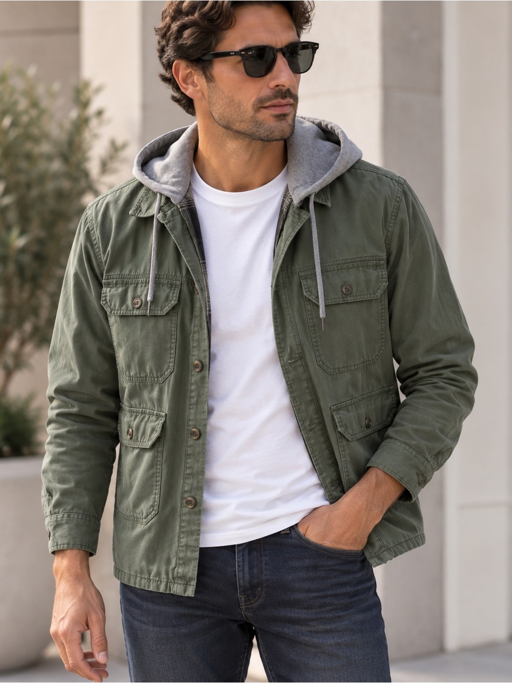 Aeropostale Olive Green Military Field Jacket with Gray Hood